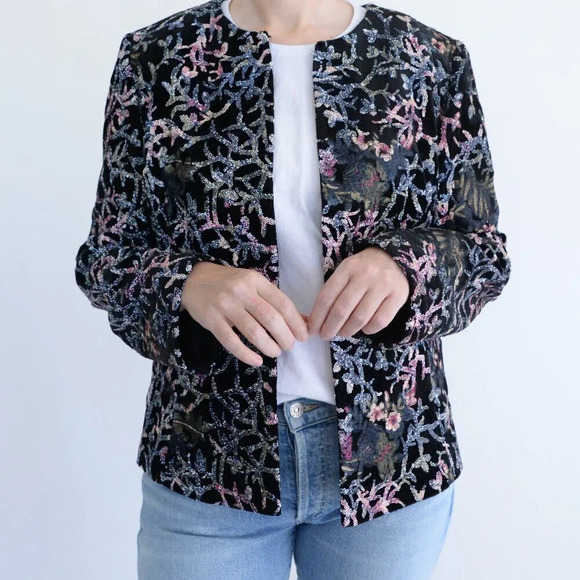 Vintage Tahari Arthur Levine Black & Maroon Sequin Velvet Embroidered Jacket 14 - Picture 2 of 14